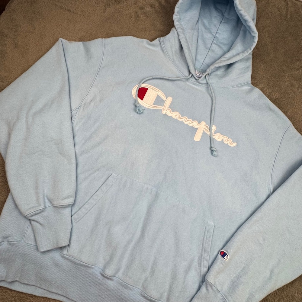 Champion Reverse Weave Hoodie Mens XL Blue Excellent Vintage Script Logo GF68